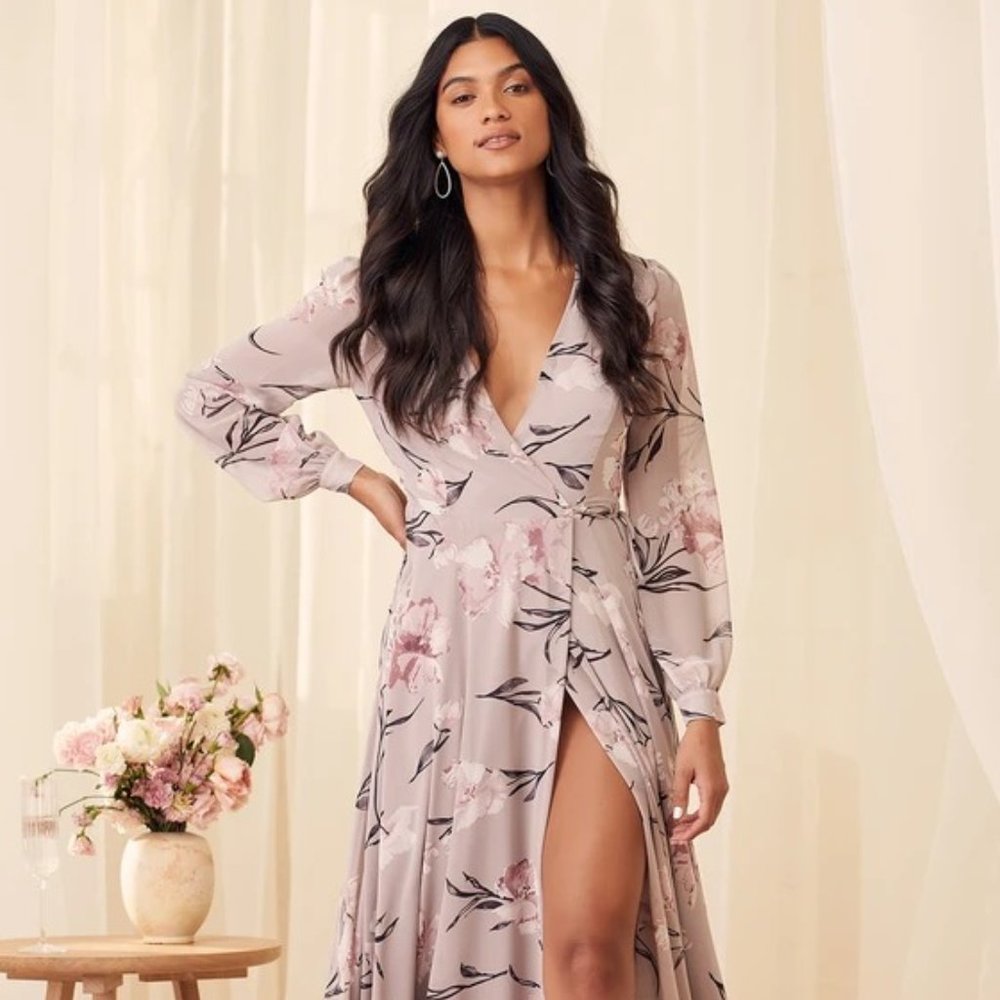 Loving You Dusty Purple Floral Print Long Sleeve Wrap Maxi Dress  - Size Medium